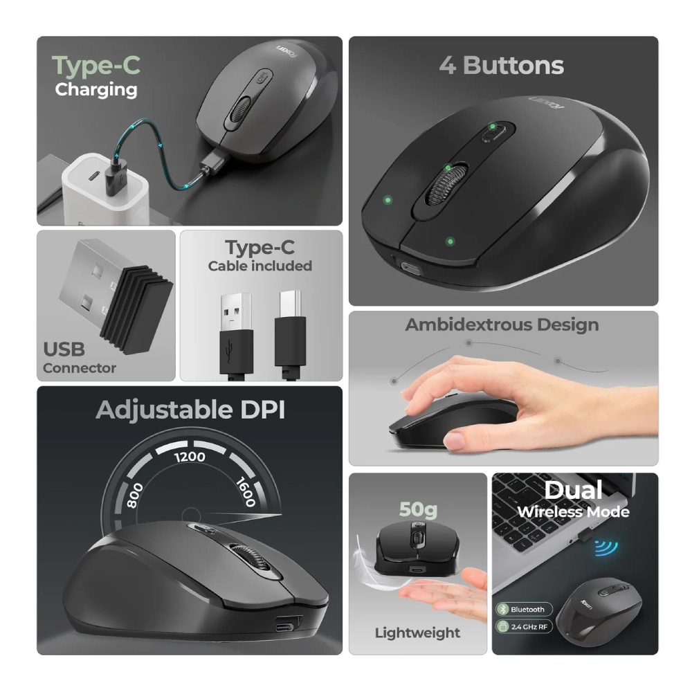 Foxin Wireless Mouse Flow 2.4G + BT (Flow) Black view 2
